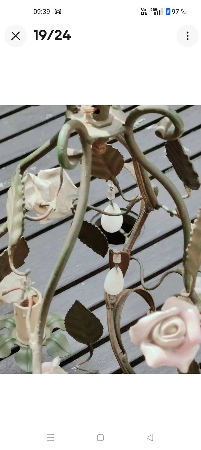 Italian cage chandelier decorated with ceramic roses and glass paste pendants