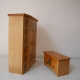 Wooden doll furniture, wardrobe and chest