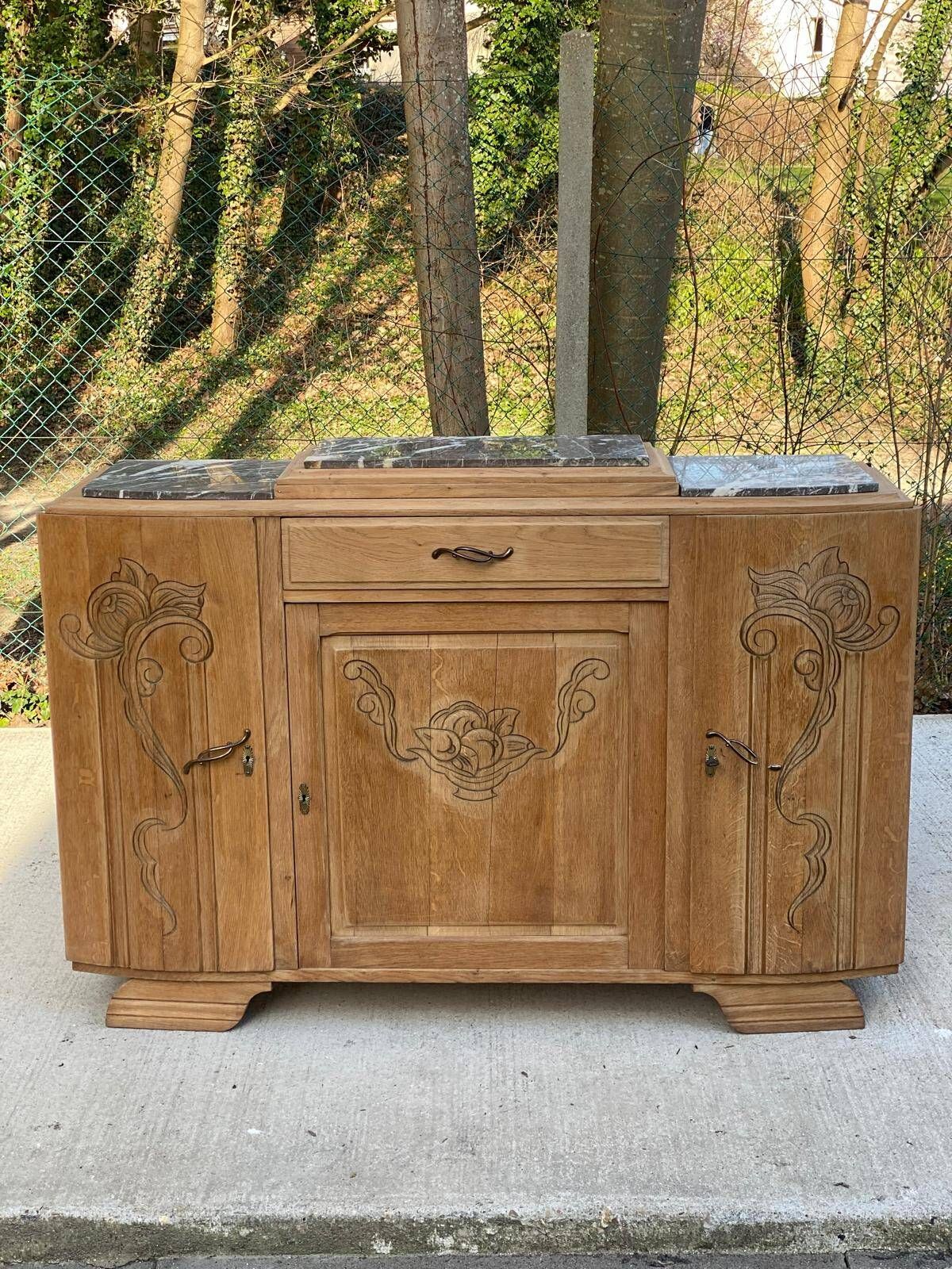 Parisian art deco 2-part buffet renovated in solid oak and marble 1940