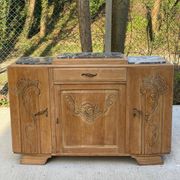 Buffet parisien art déco 2 corps en chêne massif et marbre, 1940, rénové