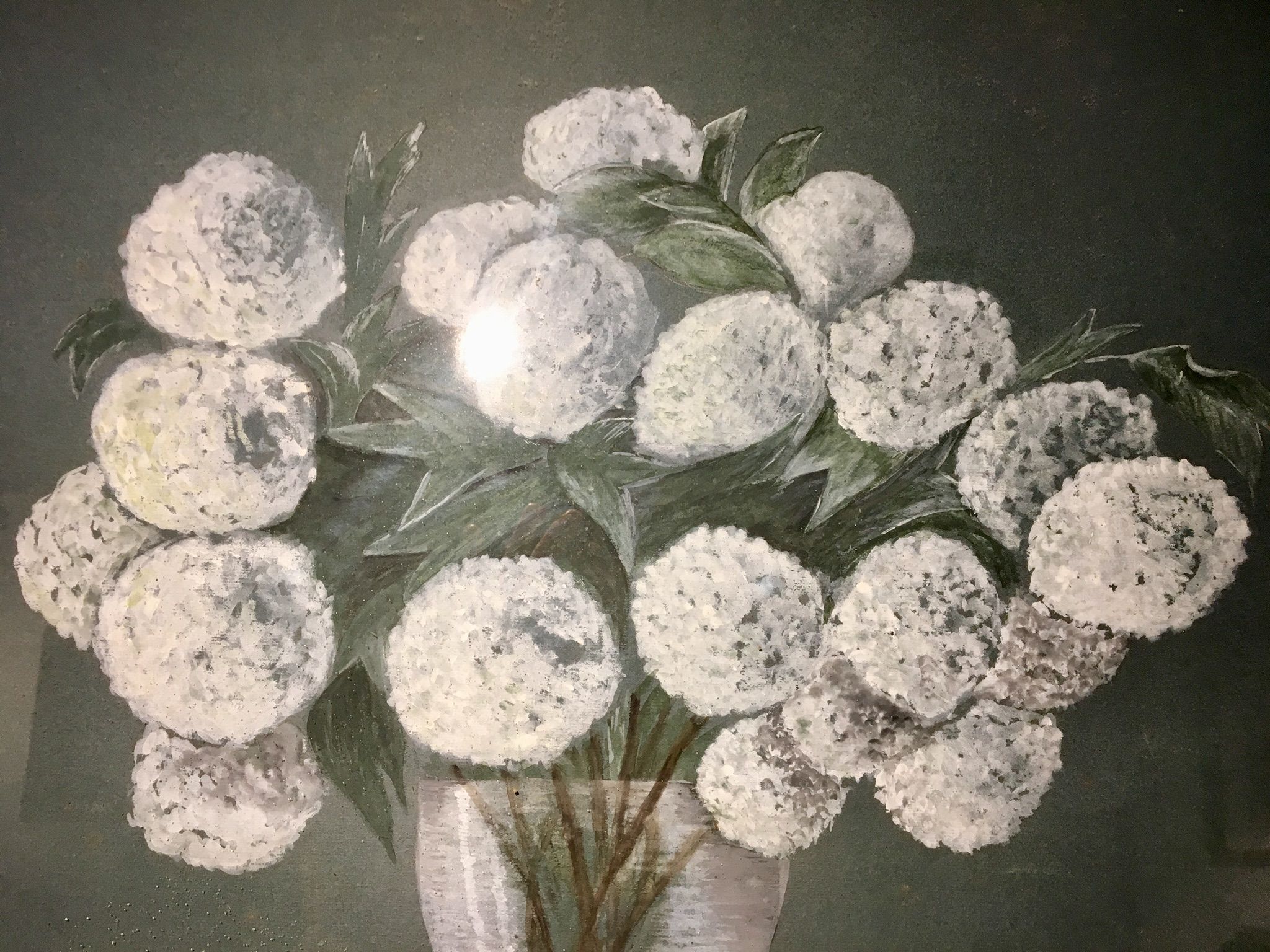 Tableau nature morte aux fleurs blanches années 70