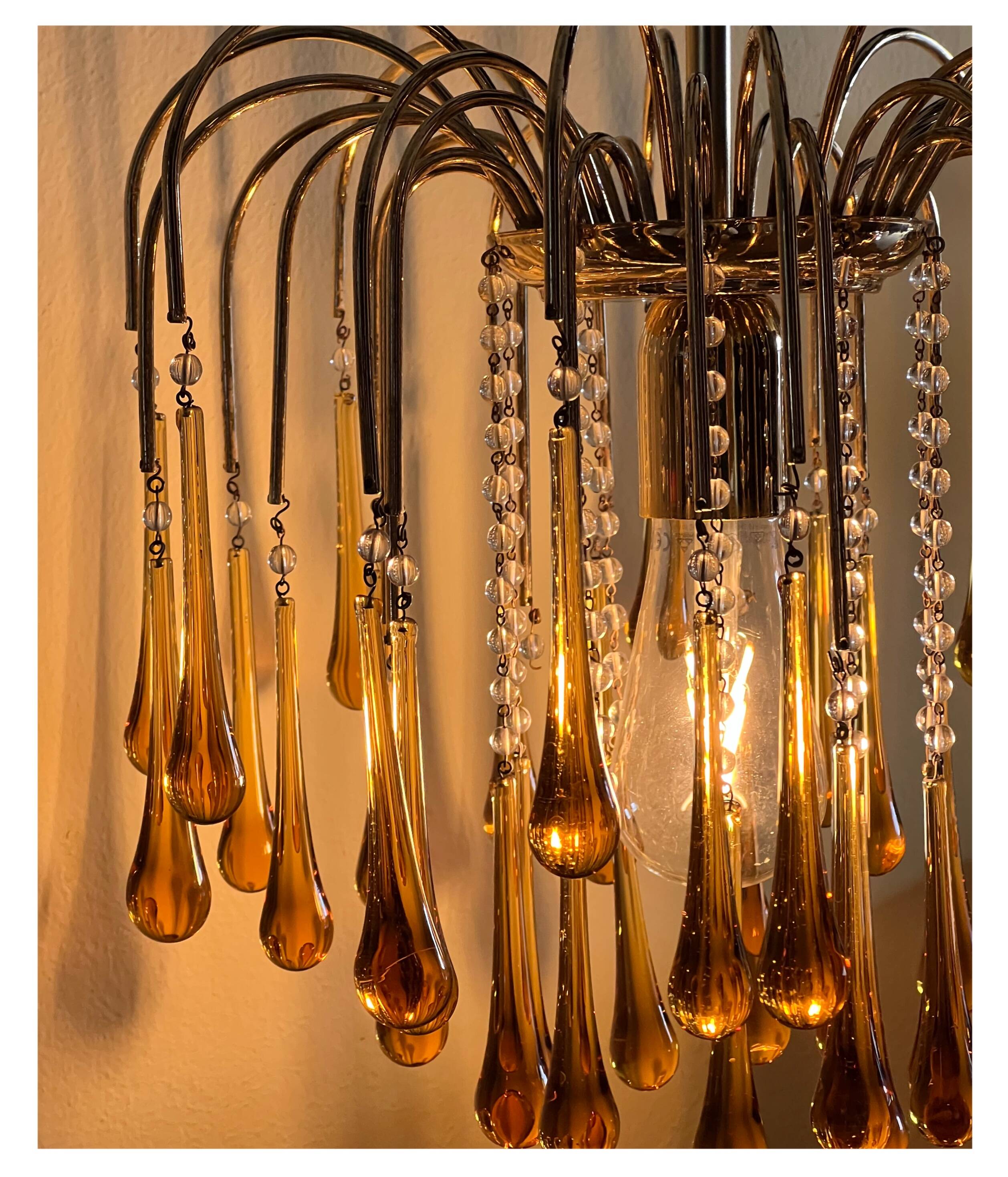 Vintage Murano Amber Glass Teardrop Chandelier - 1960-70s