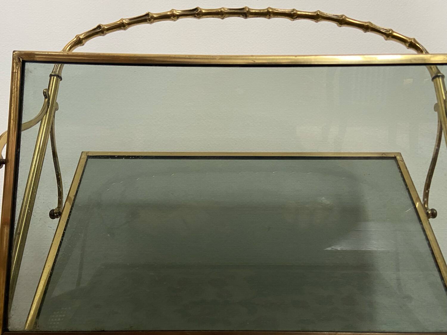 Maison Baguès Style Brass and Faux Bamboo Glass Magazine Rack, 1960s