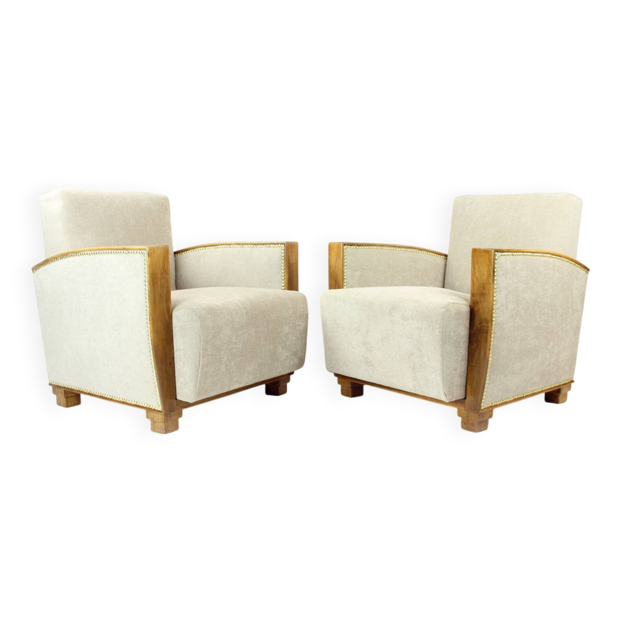 Set Of Two Art Deco Armchairs In Walnut And Fabric, Czechoslovakia 1930s