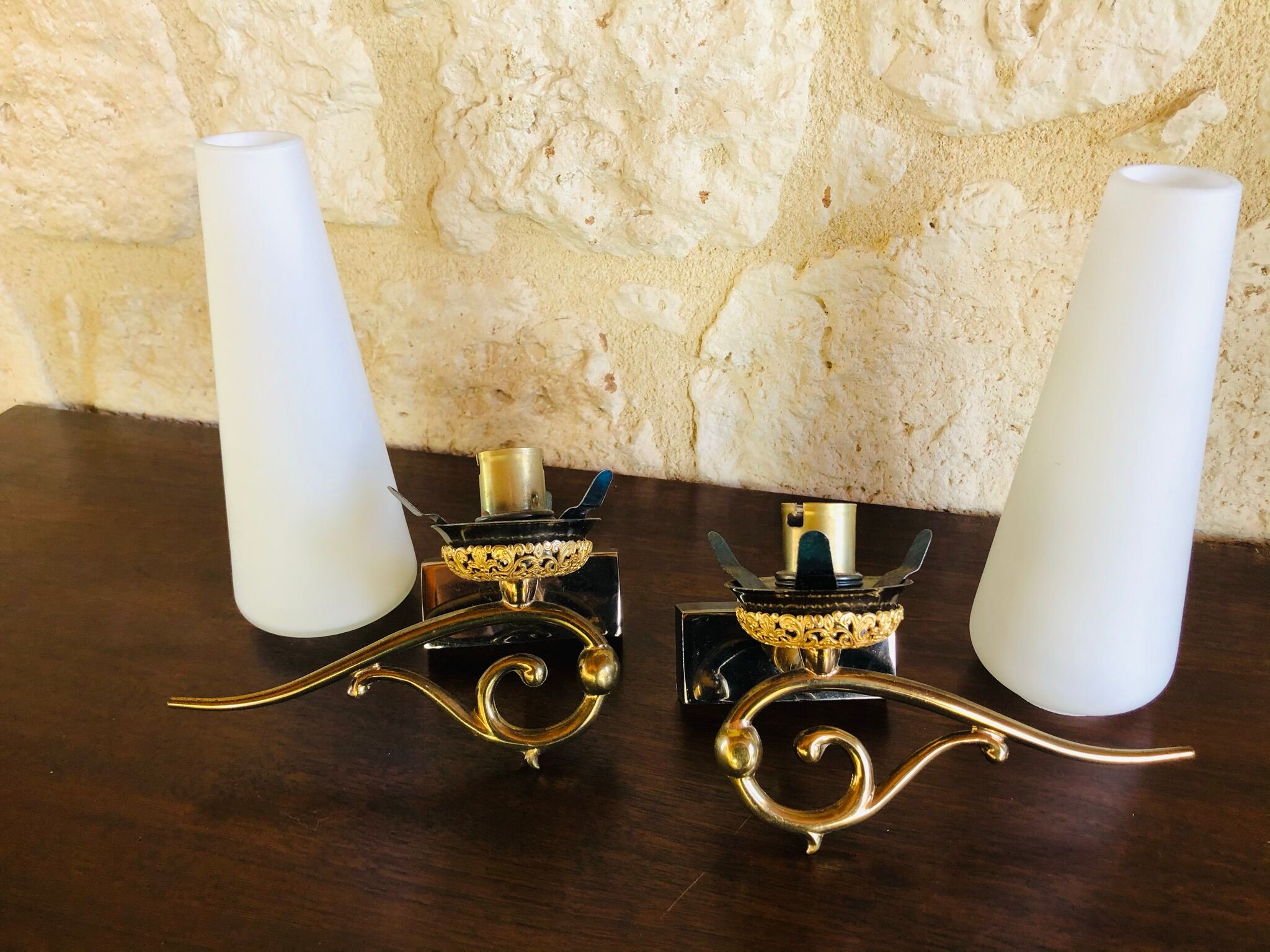 Pair of wall sconces in opaline and brass 60s
