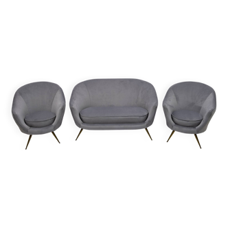 Federico Munari Mid-Century Modern Italian Curved Sofa and Two Armchairs,50