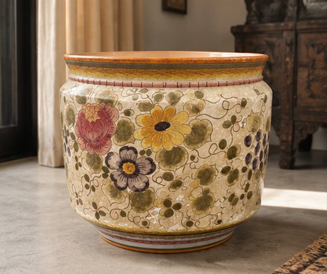 Large Italian Hand-Painted Ceramic Jardinière with Floral and Grape Motifs,