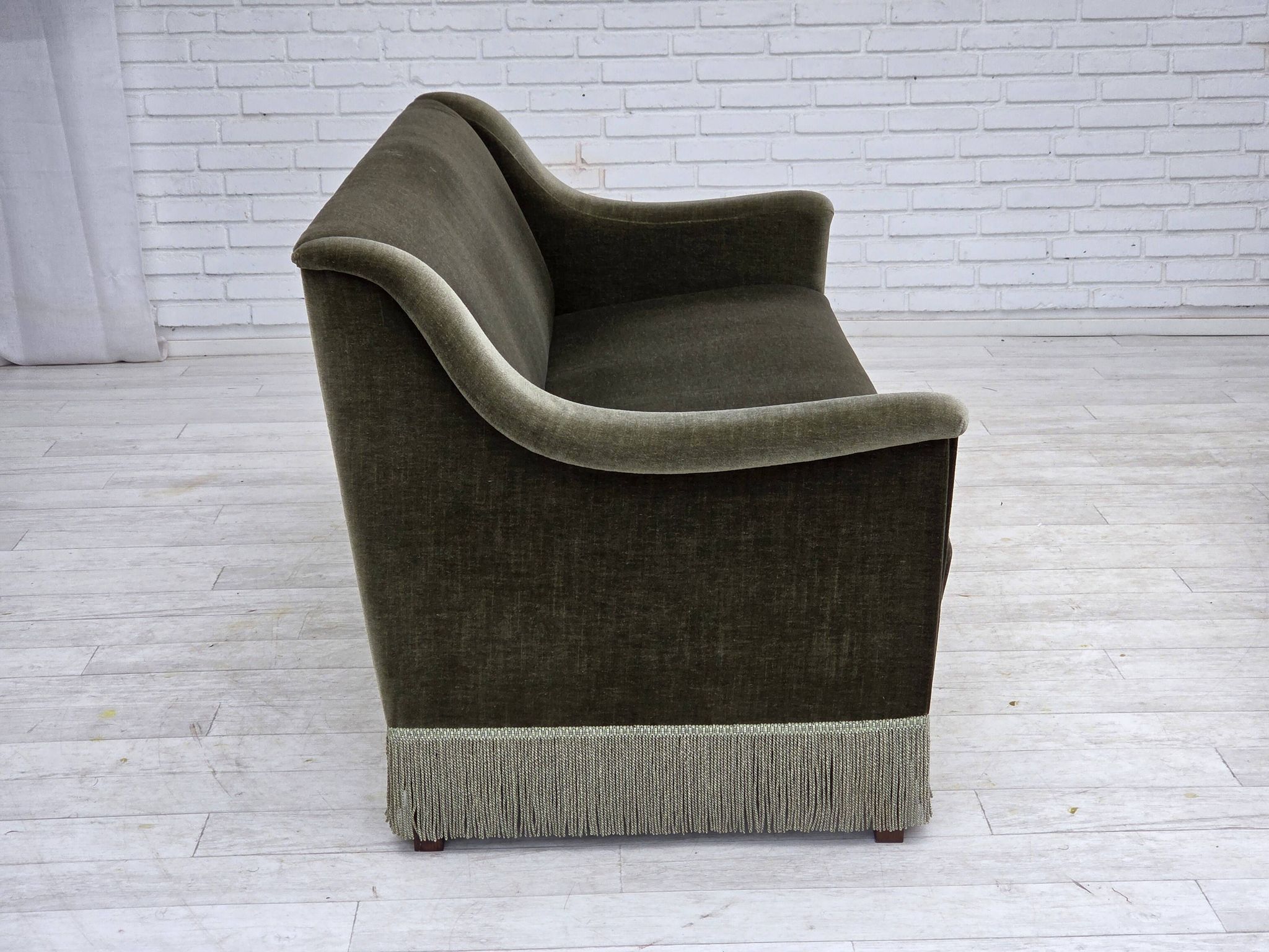 1970s, Danish 3-seater sofa, green furniture velour, beech wood.