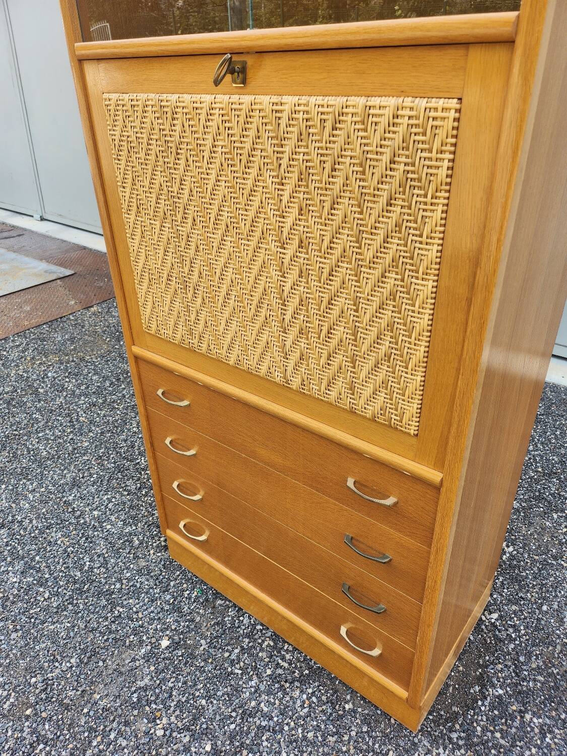 Old vintage rattan oak secretary desk bookcase