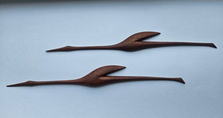 Pair of Midcentury Rare Teak Wall Sculptures of Birds Herons, Denmark, 1960