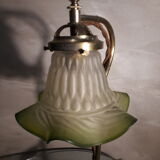 Lampe reglable laiton style art déco en laiton et tulipe vert en verre moulé 1920, h55xl17