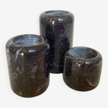 Trio of black marble candle holders