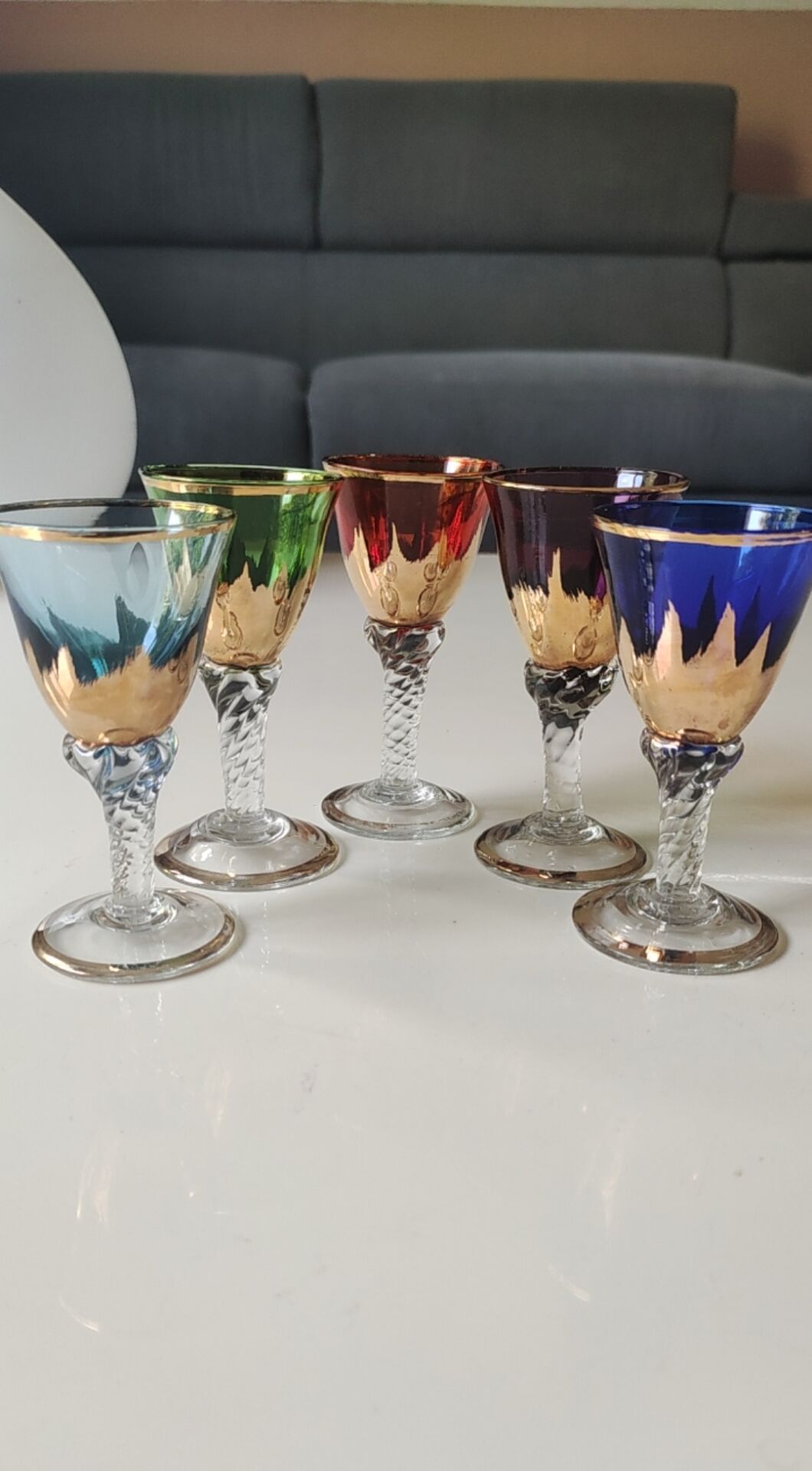 Lot 5 Glasses Digestif/Liqueur. Flamed decoration. Murano 1950