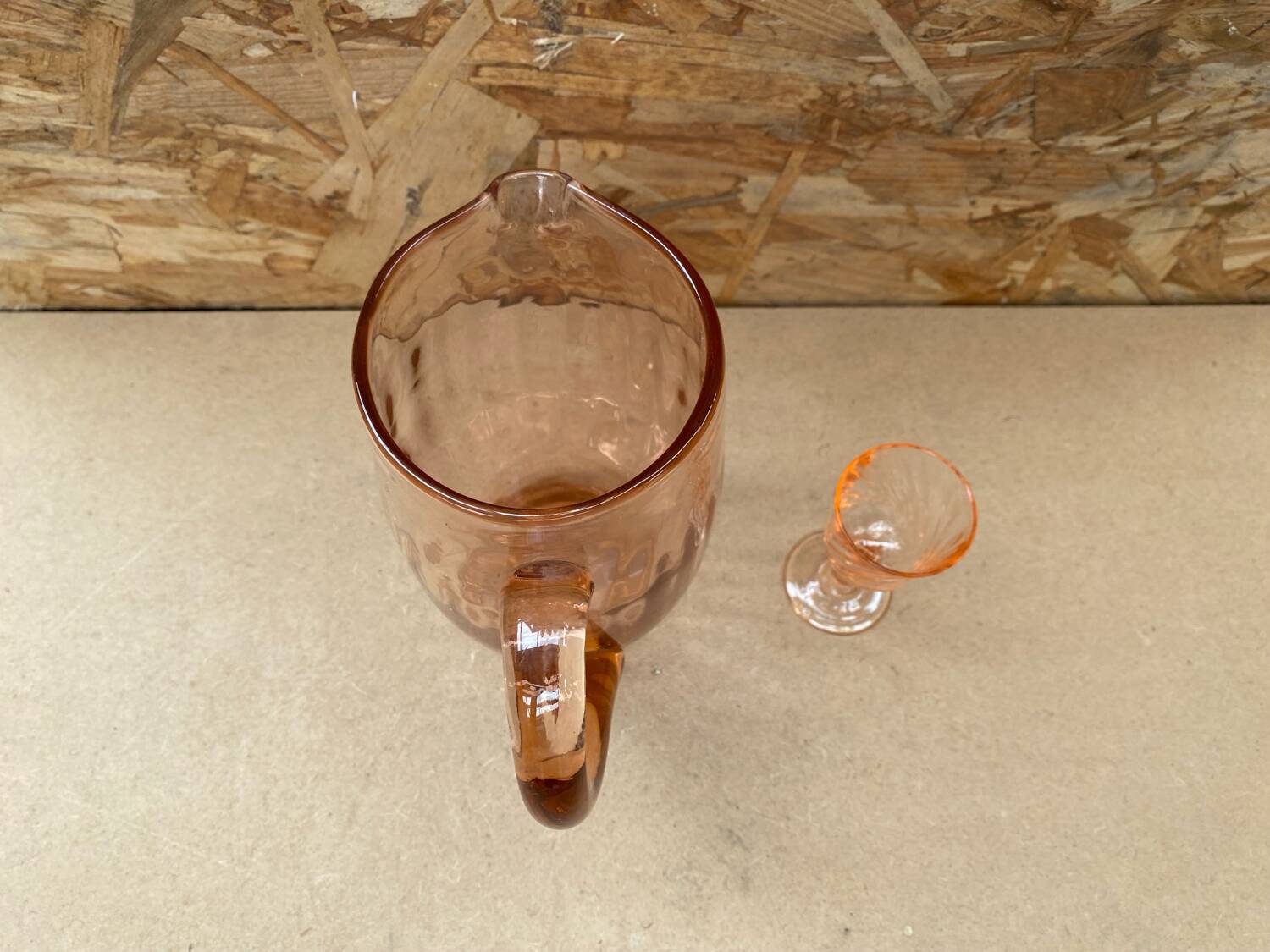 Antique Pink Blown Glass Pitcher Set + 6 Vintage Liqueur Glasses