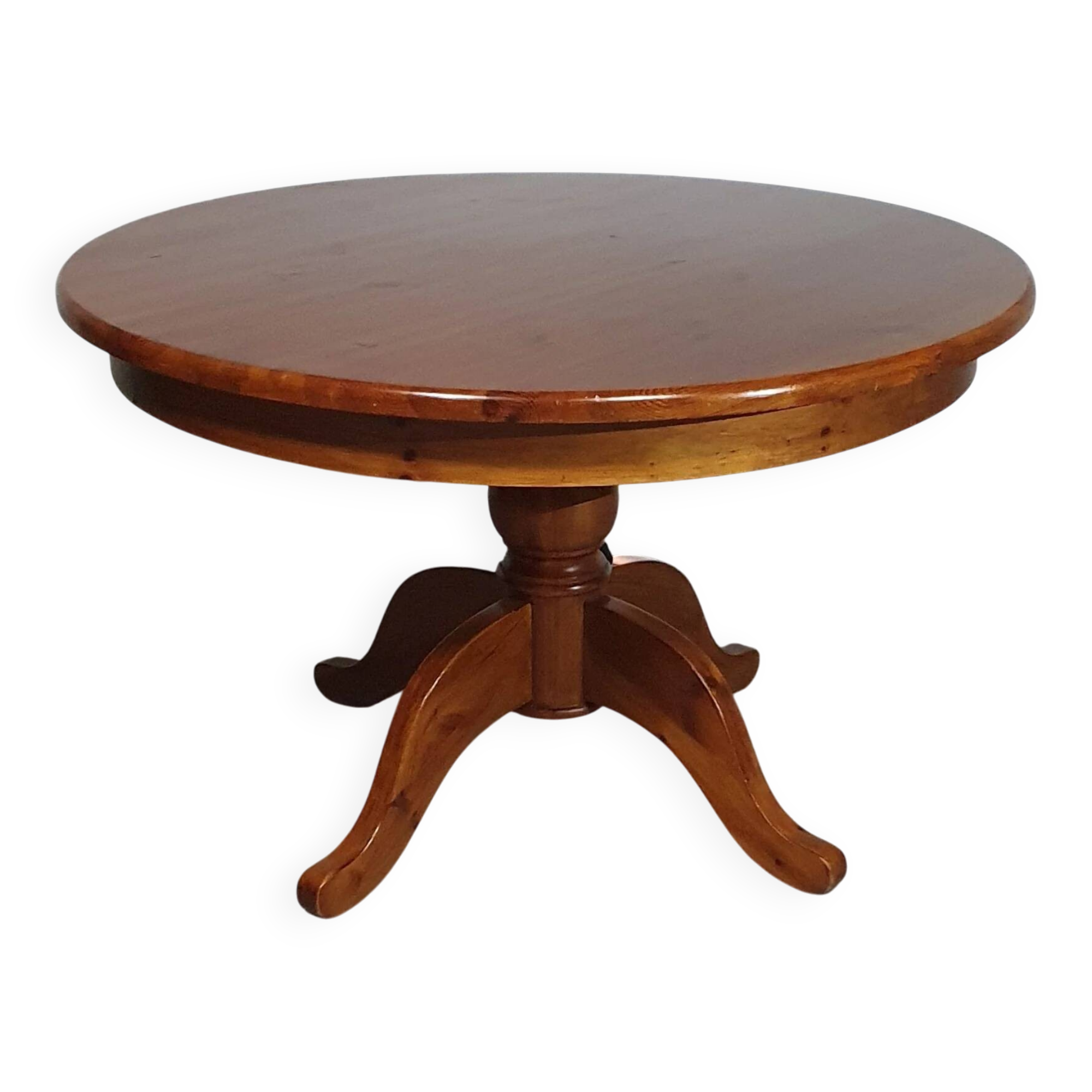 70s pine wood dining table / wood column leg table in 4-leg design with round top