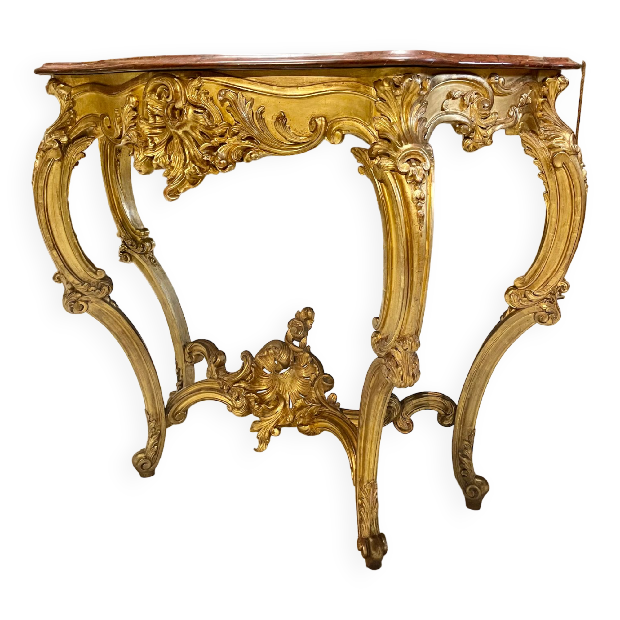 Console 4 legs Louis XV style Gilded wood period Napoleon III Griotte marble top