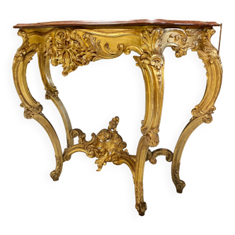 Console 4 Pieds de style Louis XV En Bois Doré D’époque Napoléon III Dessus De Marbre Griotte