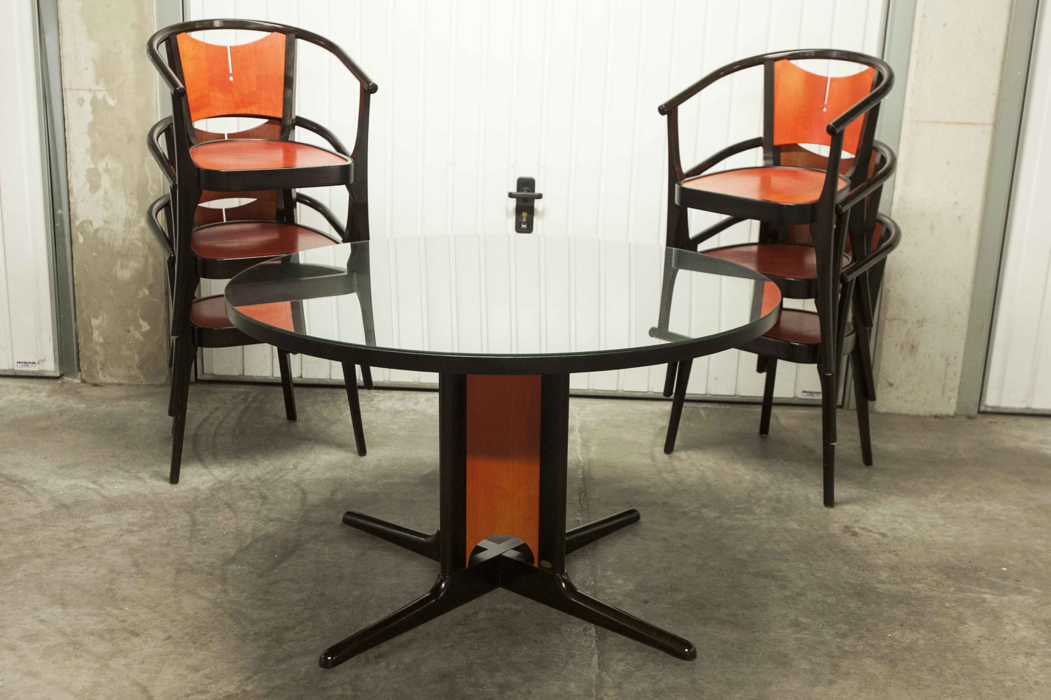 Table and 6 armchairs Baumann Diese, design Pagnon Pelhaître, Wenge color and red,