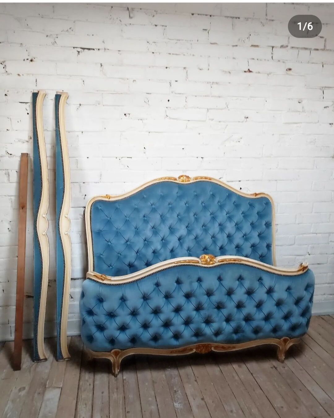 Frame and headboard louis xv upholstered blue velvet