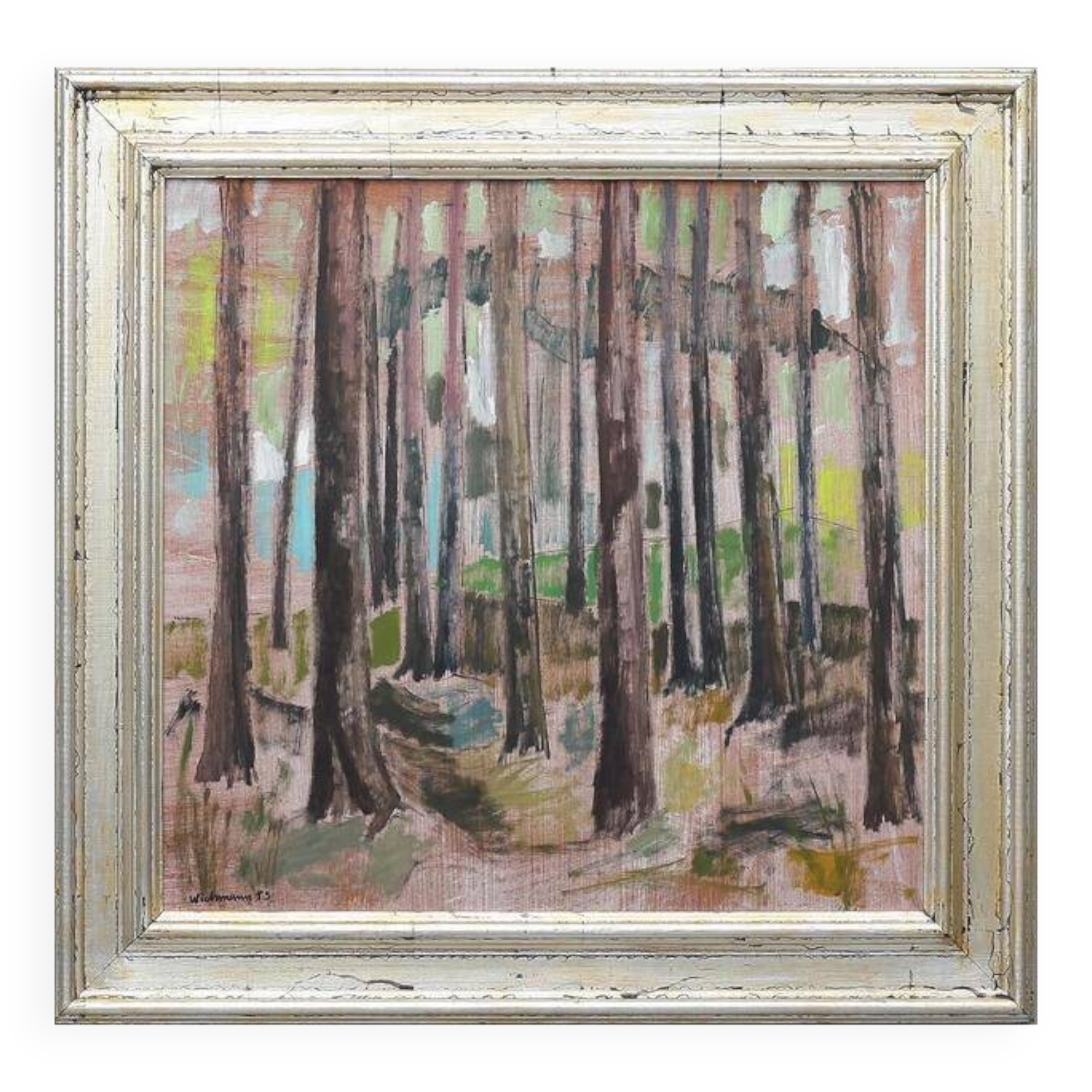 Original mid-century Swedish oil on panel – “Tree Trunks” by Harry Wichmann – dated 1953 – vintage & framed – 69 × 71 cm