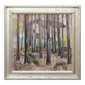 Huile sur panneau suédoise d'époque mi-siècle – « Troncs d'arbres » par Harry Wichmann – datée de 1953 – vintage et encadrée – 69 × 71 cm