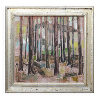 Original mid-century Swedish oil on panel – “Tree Trunks” by Harry Wichmann – dated 1953 – vintage & framed – 69 × 71 cm
