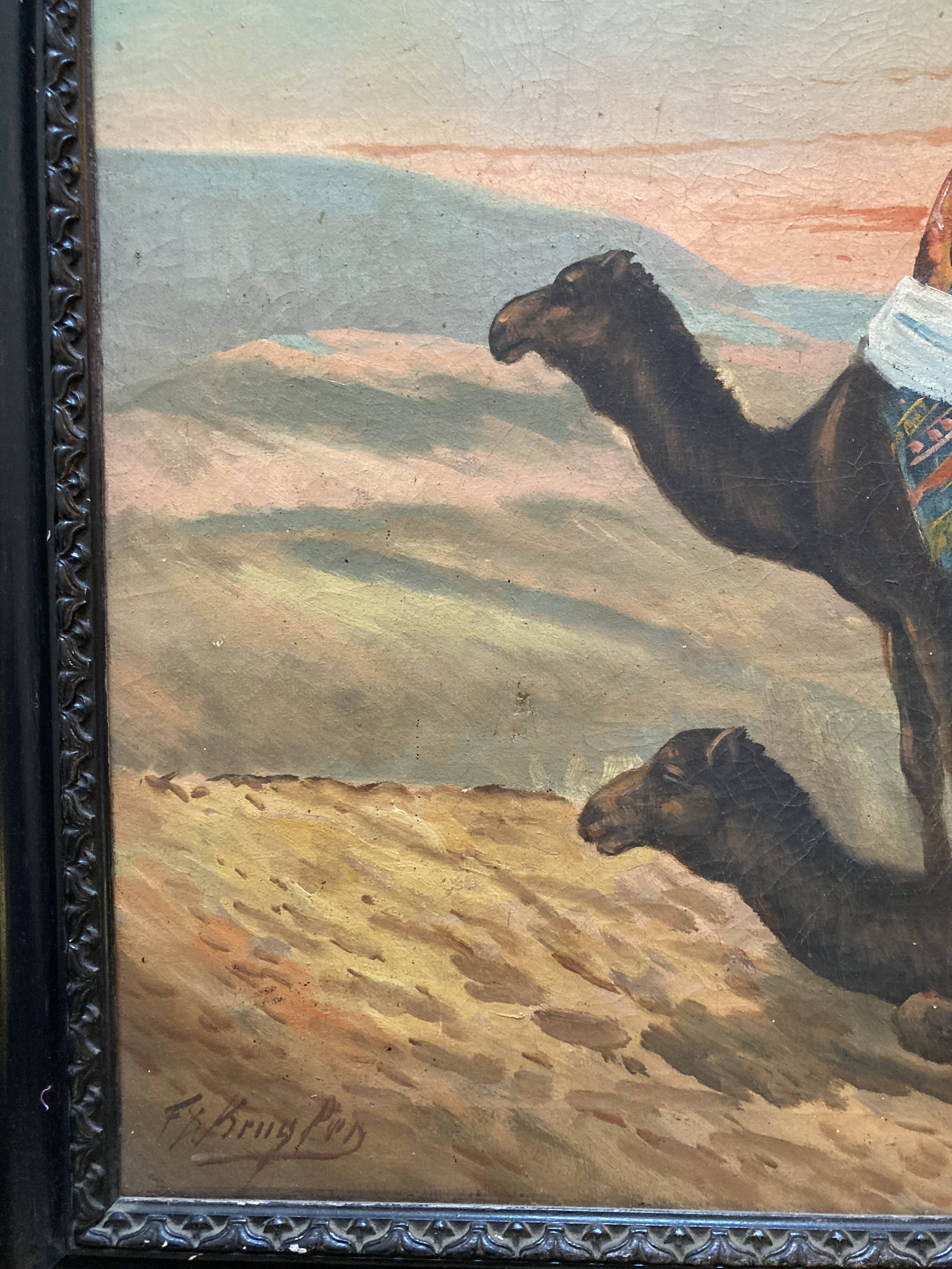 Grand Orientalist painting - the dromedaries and the Bedouins in the desert.