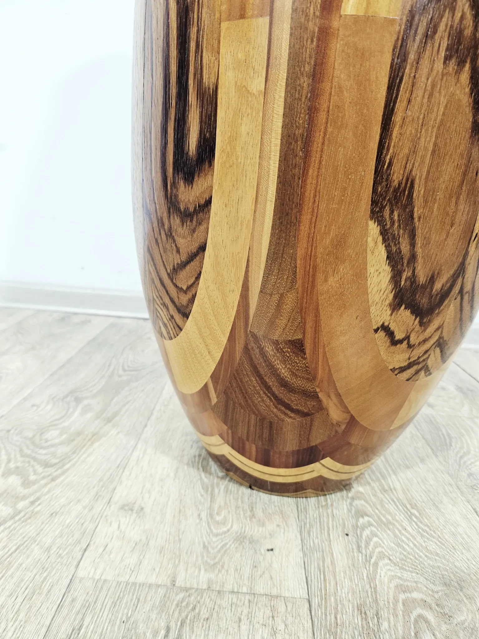 Monumental wooden floor vase / intarsia / wood mosaic / Africa / 1950s–1960