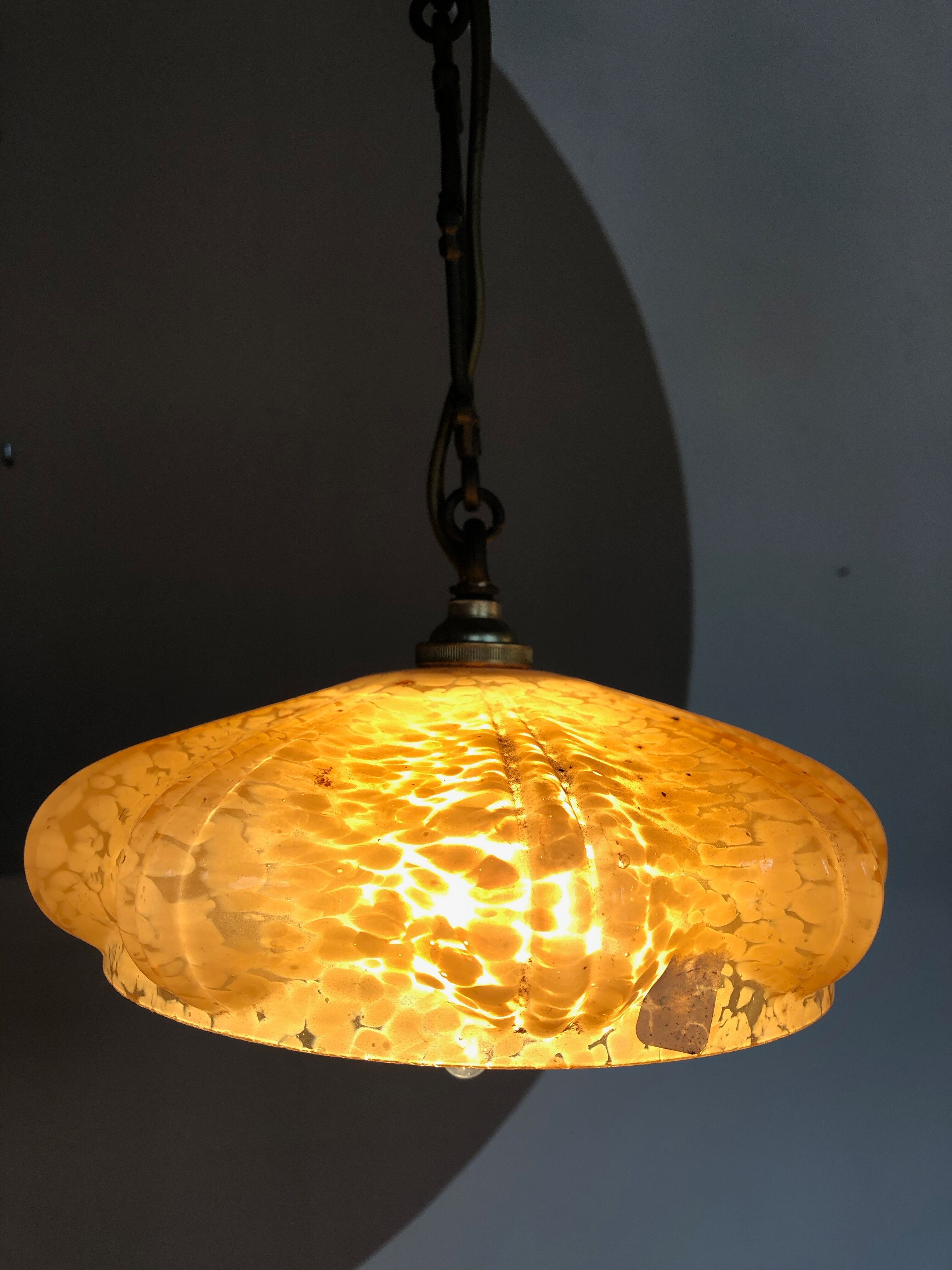 Orange ochre coloured antique glass hanging lamp