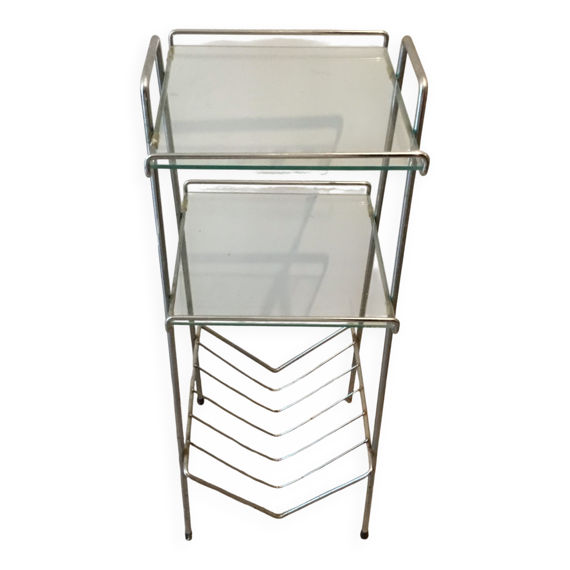 Chrome and glass side table. 1970. Space age.