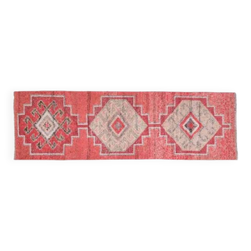 Tapis couloir en laine Oushak vintage fait à la main turc rose des années 1970 84x269