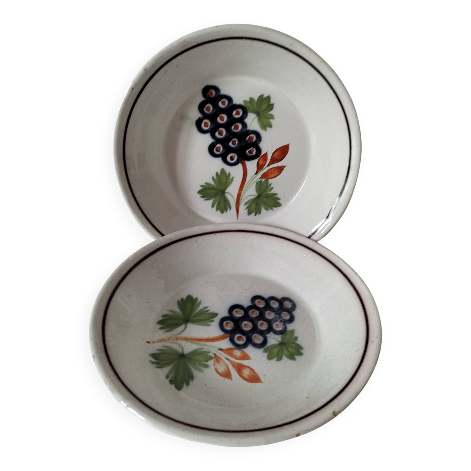 Pair of antique soup plates with hand-painted grape decoration