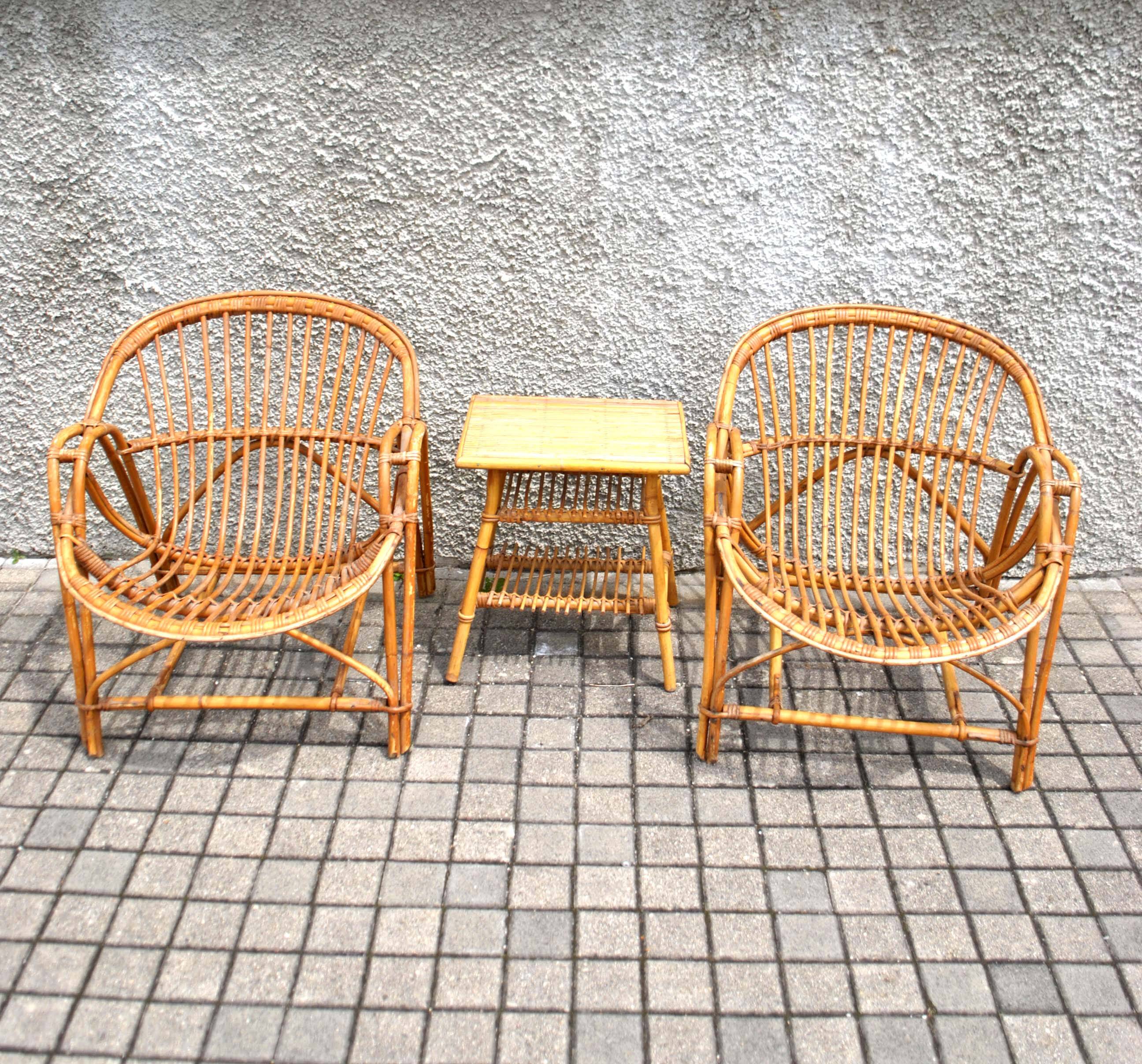 Set of 2 vintage bamboo and rattan shell armchairs 1960 - Terasse garden furniture