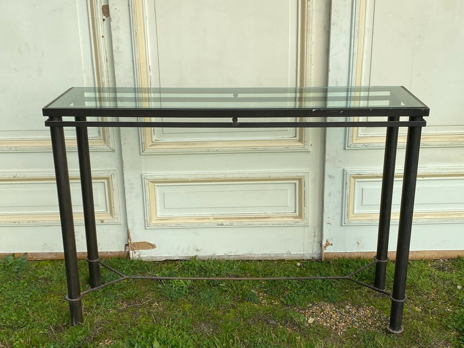 Iron console forged glass top xxeme pietement in x