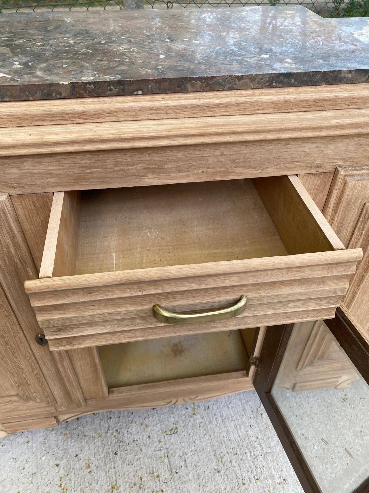 Renovated art deco sideboard in solid raw oak and gray marble 190cm