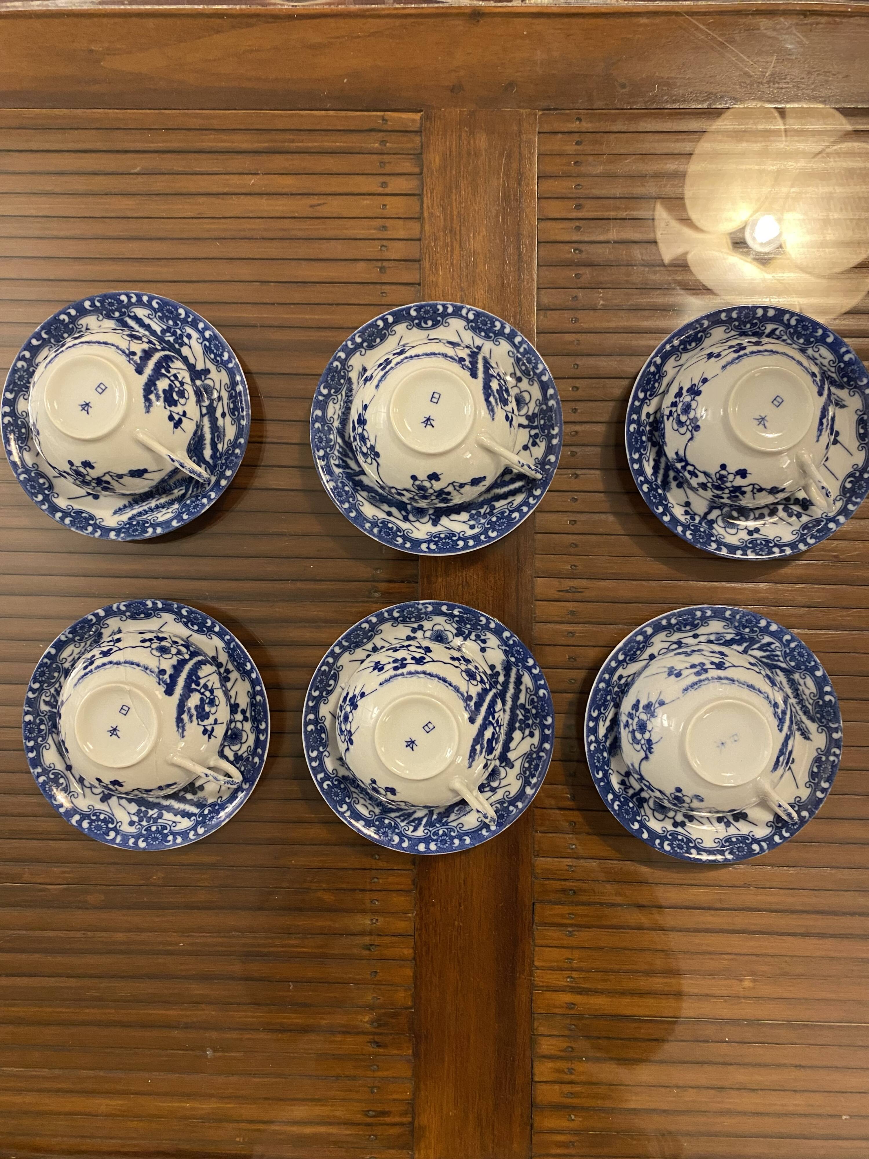 Japanese tea set cherry blossom blue fine porcelain