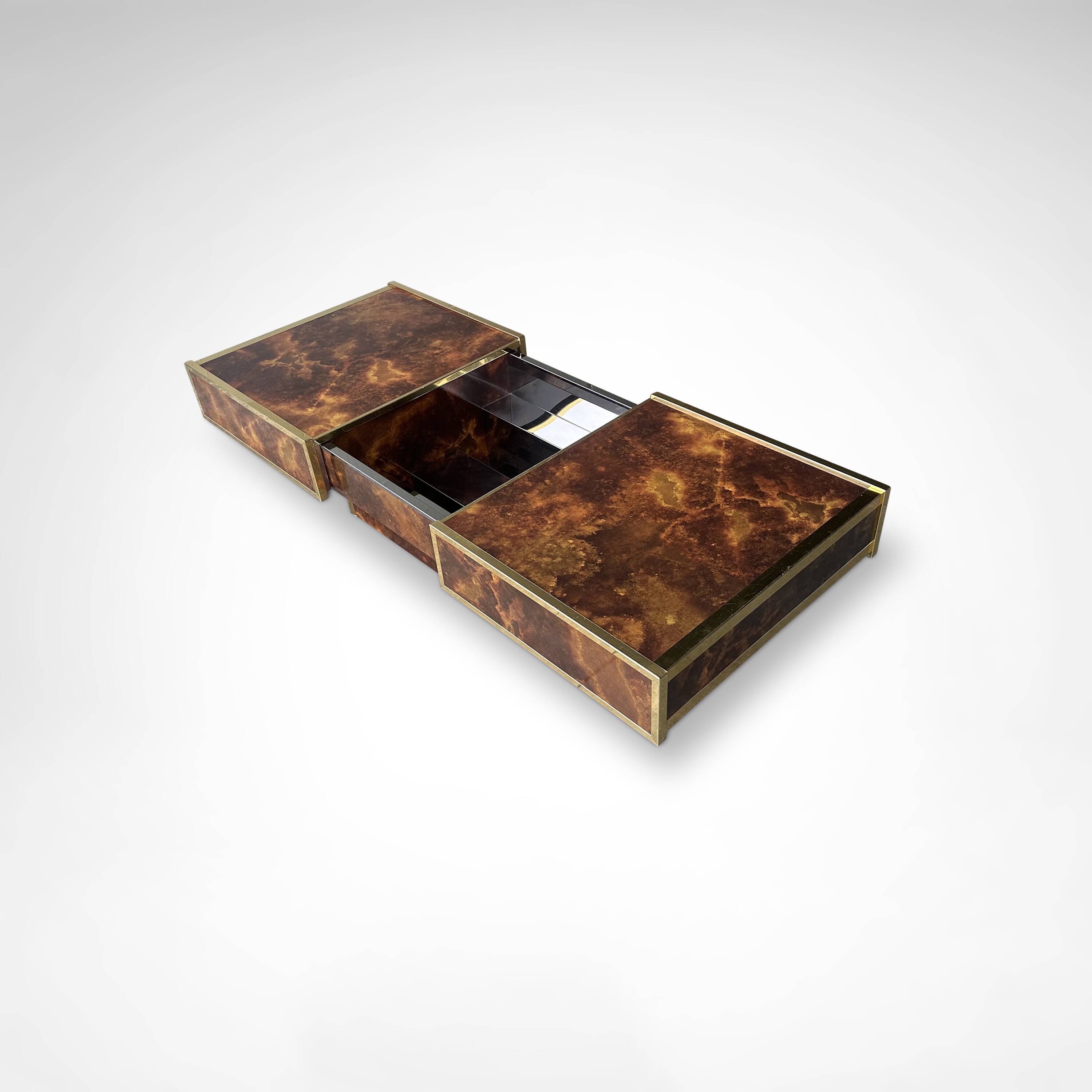 Burl wood and brass metal coffee table with integrated bar by Maison Lancel