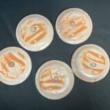 Set of five small Korean stoneware plates with pink crane, 20th century