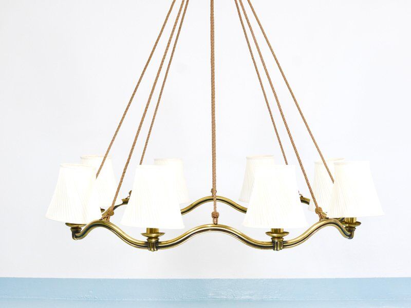 Large Viennese Modernism curved brass wave chandelier by Hugo Gorge, 1940s