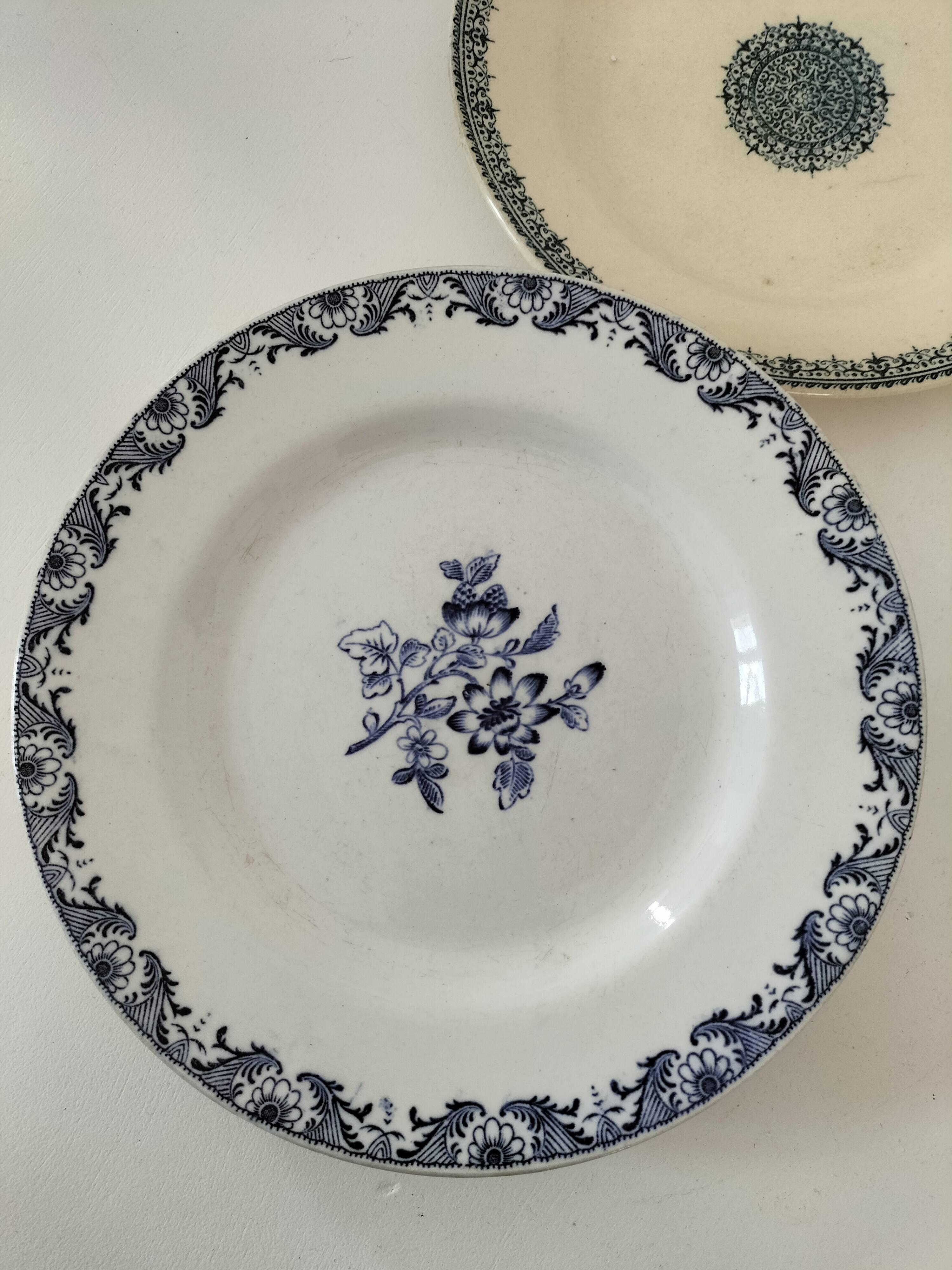 8 ironstone plates from the 19th century in blue camaïeu, mixed manufacturers.