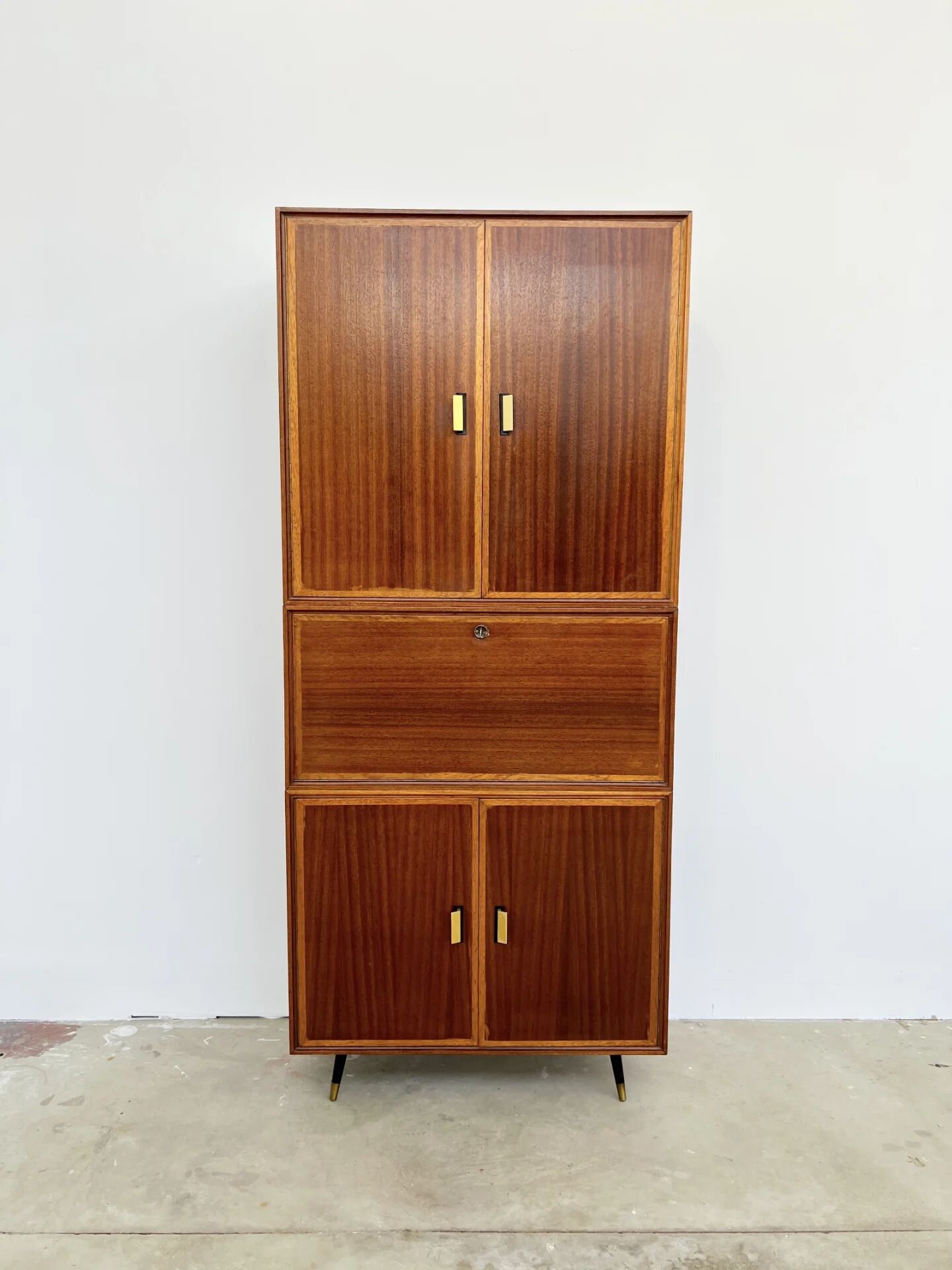 High mahogany cabinet with drop-down front — bar or secretary, custom-made, 1960s