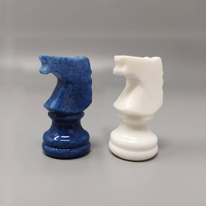 1970s Blue and White Chess Set in Volterra Alabaster Handmade. Made