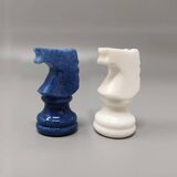 1970s Blue and White Chess Set in Volterra Alabaster Handmade. Made