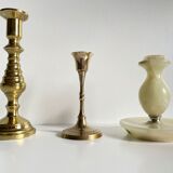 Trio of brass and vintage onyx candlesticks