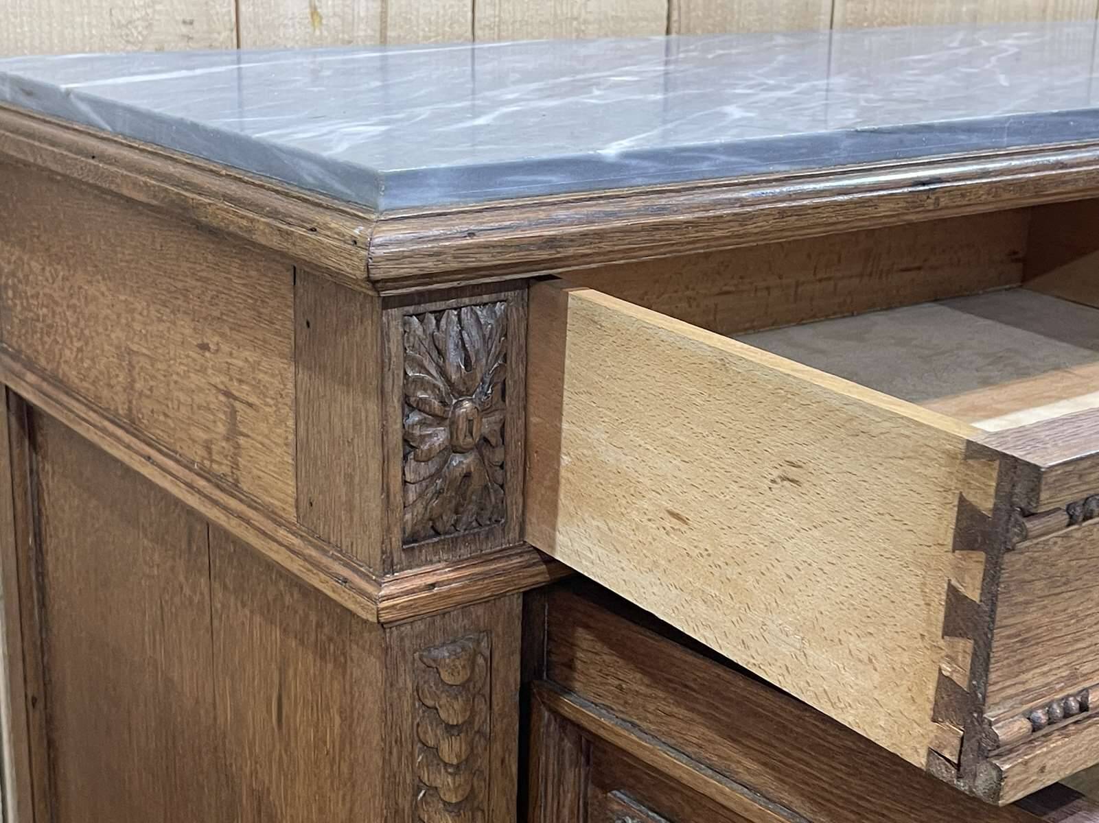 Louis XVI style oak server with marble top