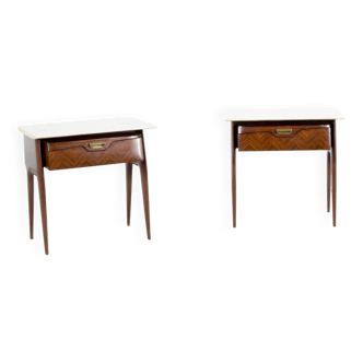Set of 2 italian midcentury rosewood, carrara marble and brass bedside tables / cabinets.