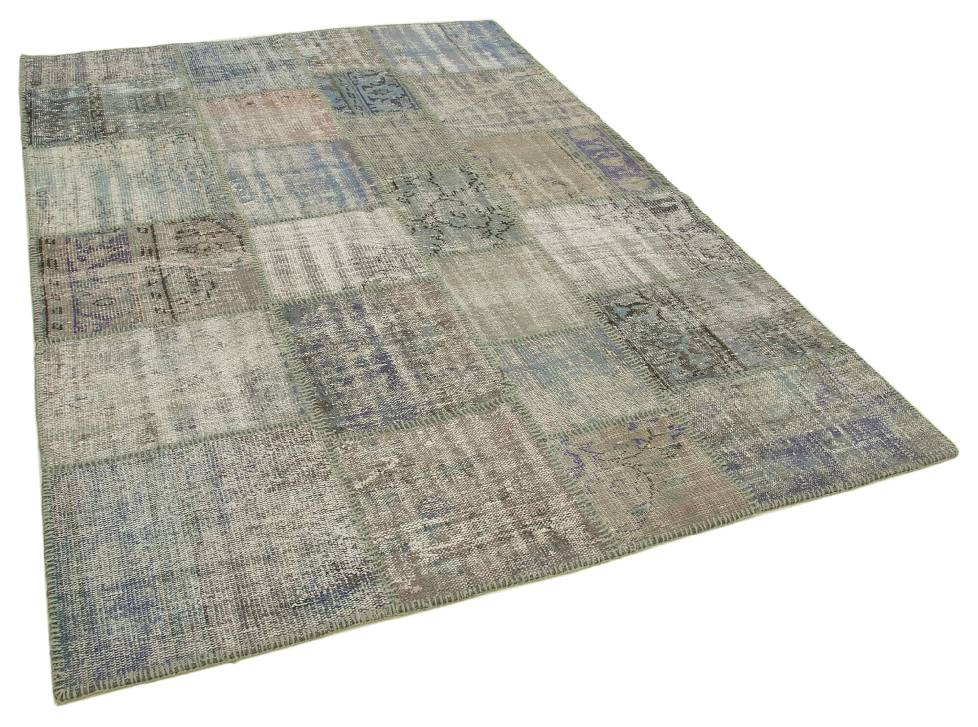 Hand-knotted turkish vintage 176 cm x 249 cm grey patchwork carpet