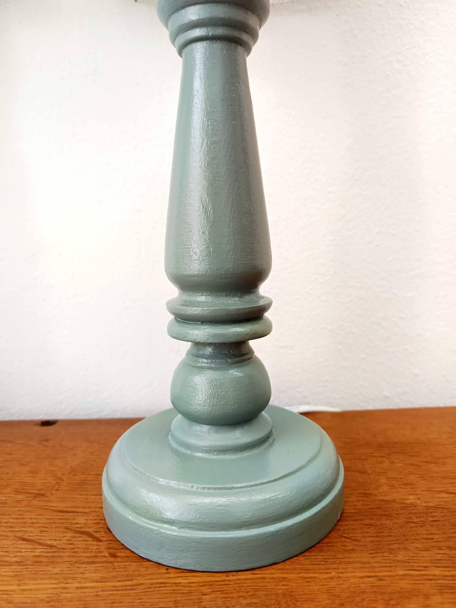 Pair of wooden lamps with custom modernist lampshades.