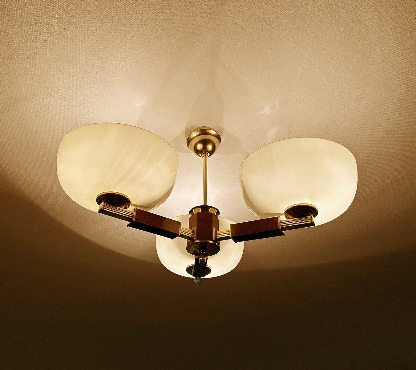 Large Art Deco pendant light in wood and glass, 1930s