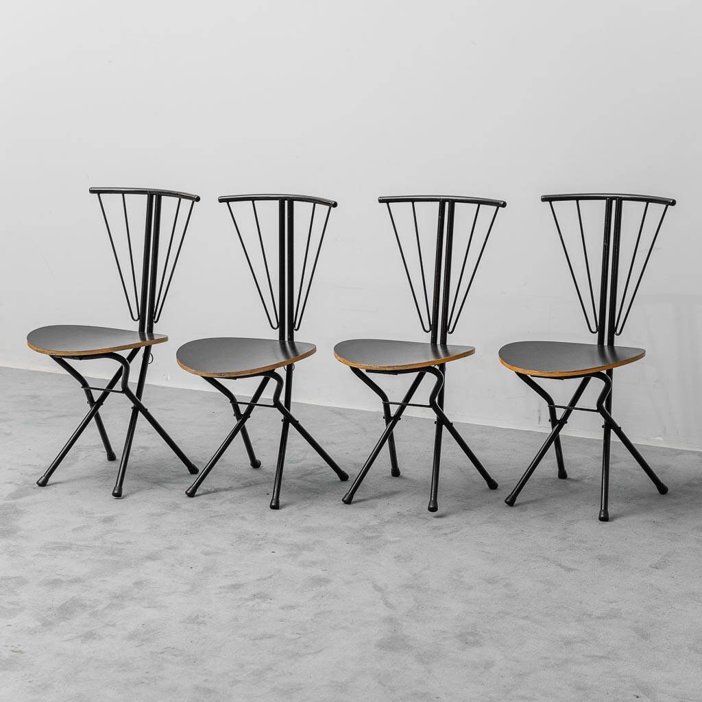 Set of 4 folding chairs in metal and wood, 1970s vintage